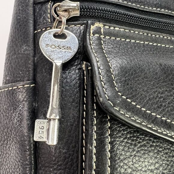 Fossil Black Leather Small Tote Bag Vintage Y2K Key Charm - Picture 2 of 9